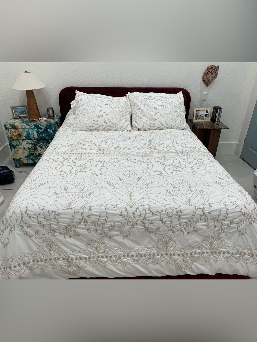 Anthropologie Embroidered Grove White & Beige duvet cover set